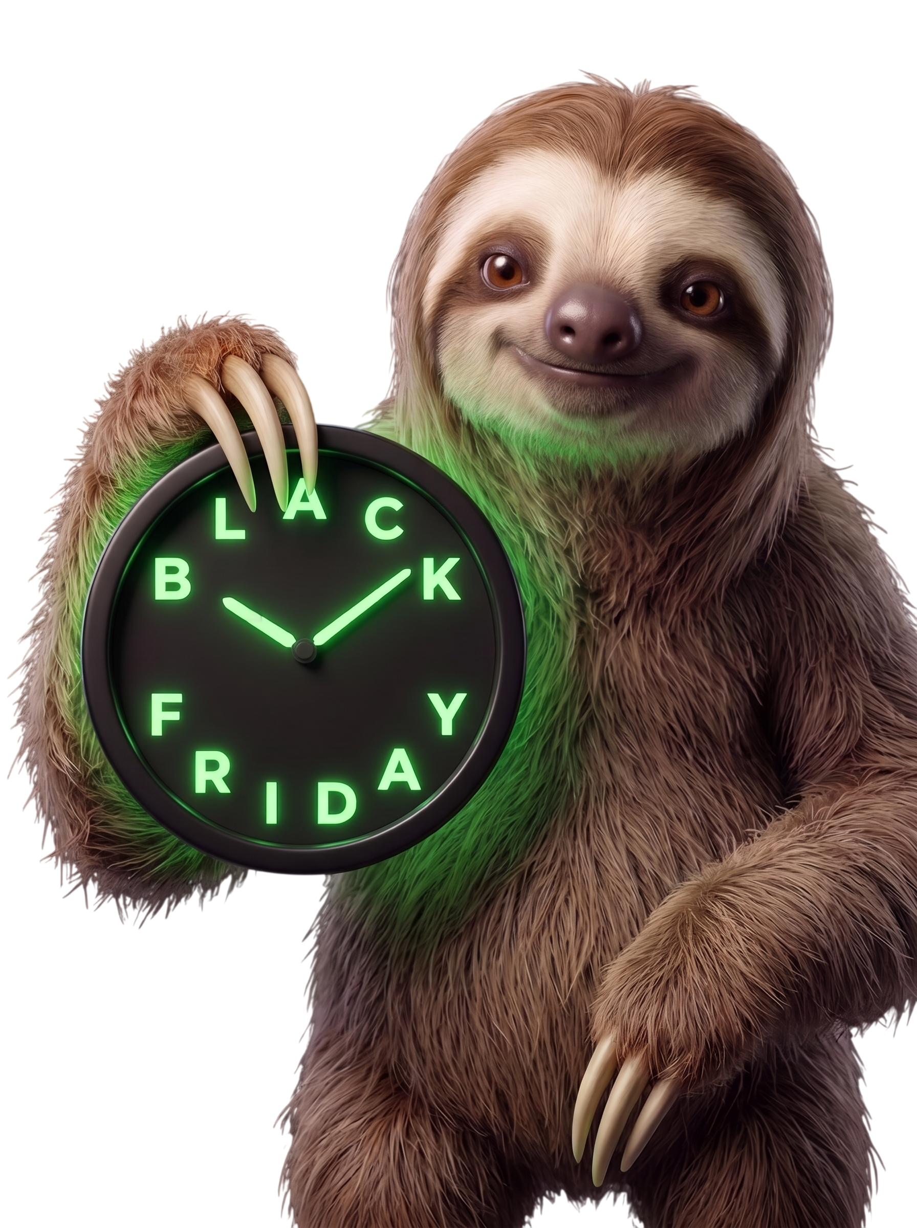 Leneșul Salt ține în labă un ceas cu Black Friday scris pe cadran.